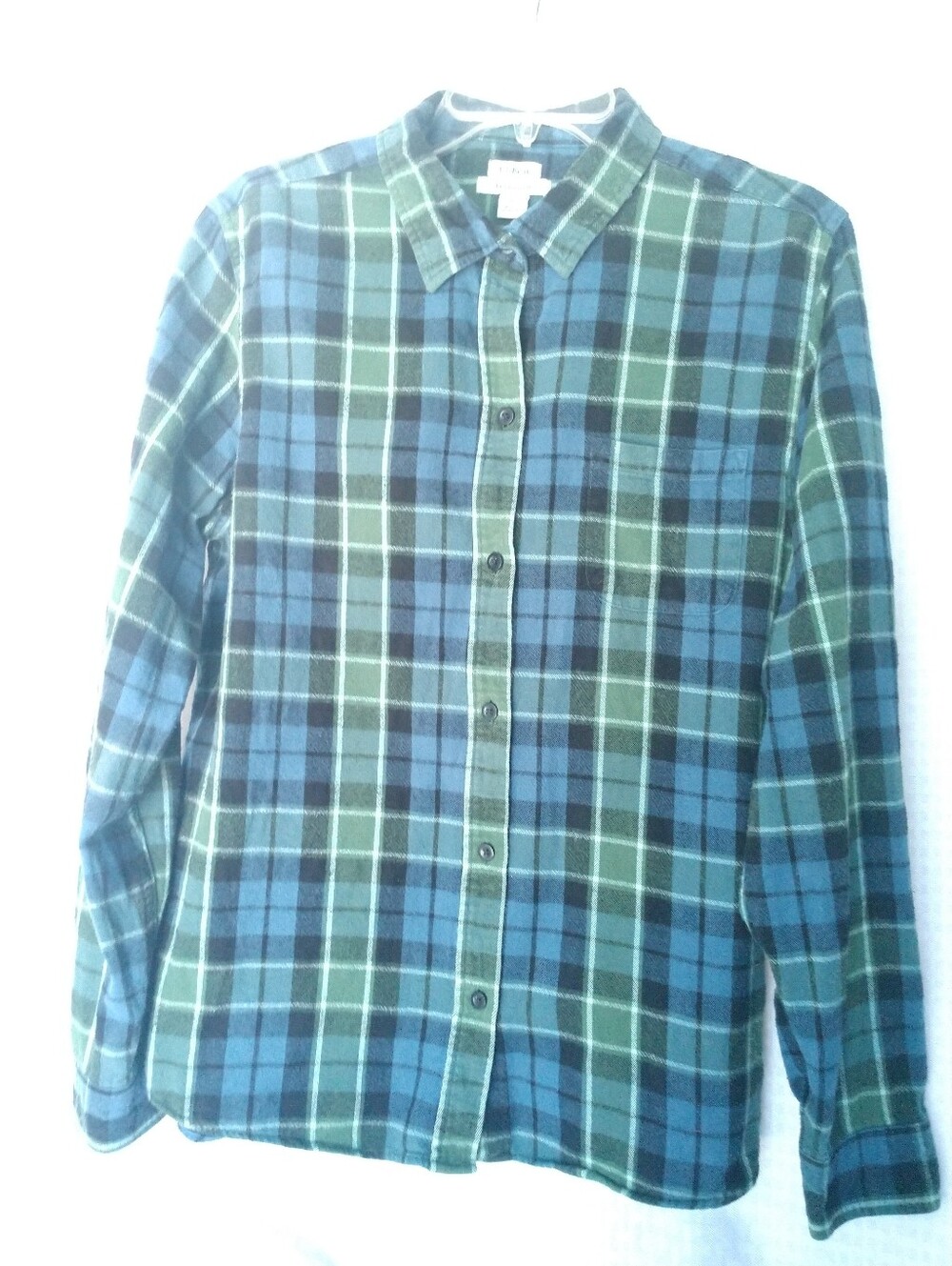 Women's Flannel Shirt LL BEAN Relaxed Fit Blue Green Black Plaid Check Large
